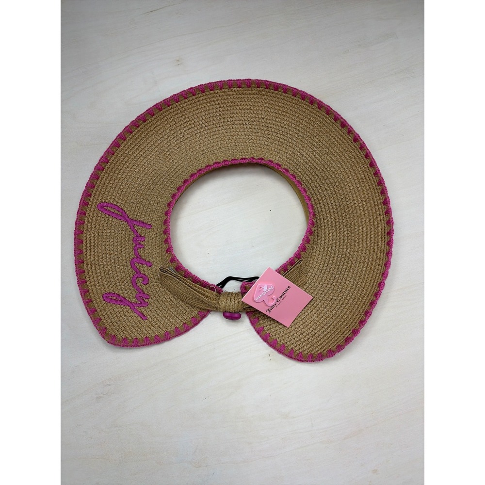 Juicy Couture Straw Roll Up Sun Visor Tan Pink Embroidered Logo Packable Hat NWT
